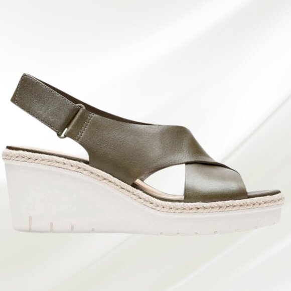 Clarks Palm Glow Olive Green Wedge Sandals Size 9 - Picture 3 of 16